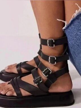 Free People Jojo Black Strappy Gladiator Sandals with Buckle Detail
